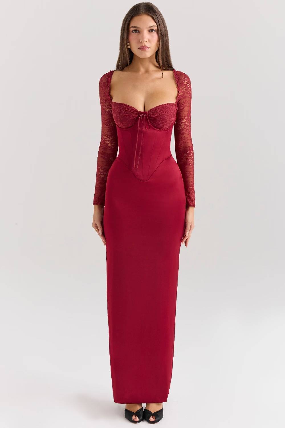 Berry Satin Maxi Dress With Corset  Gemma Chic