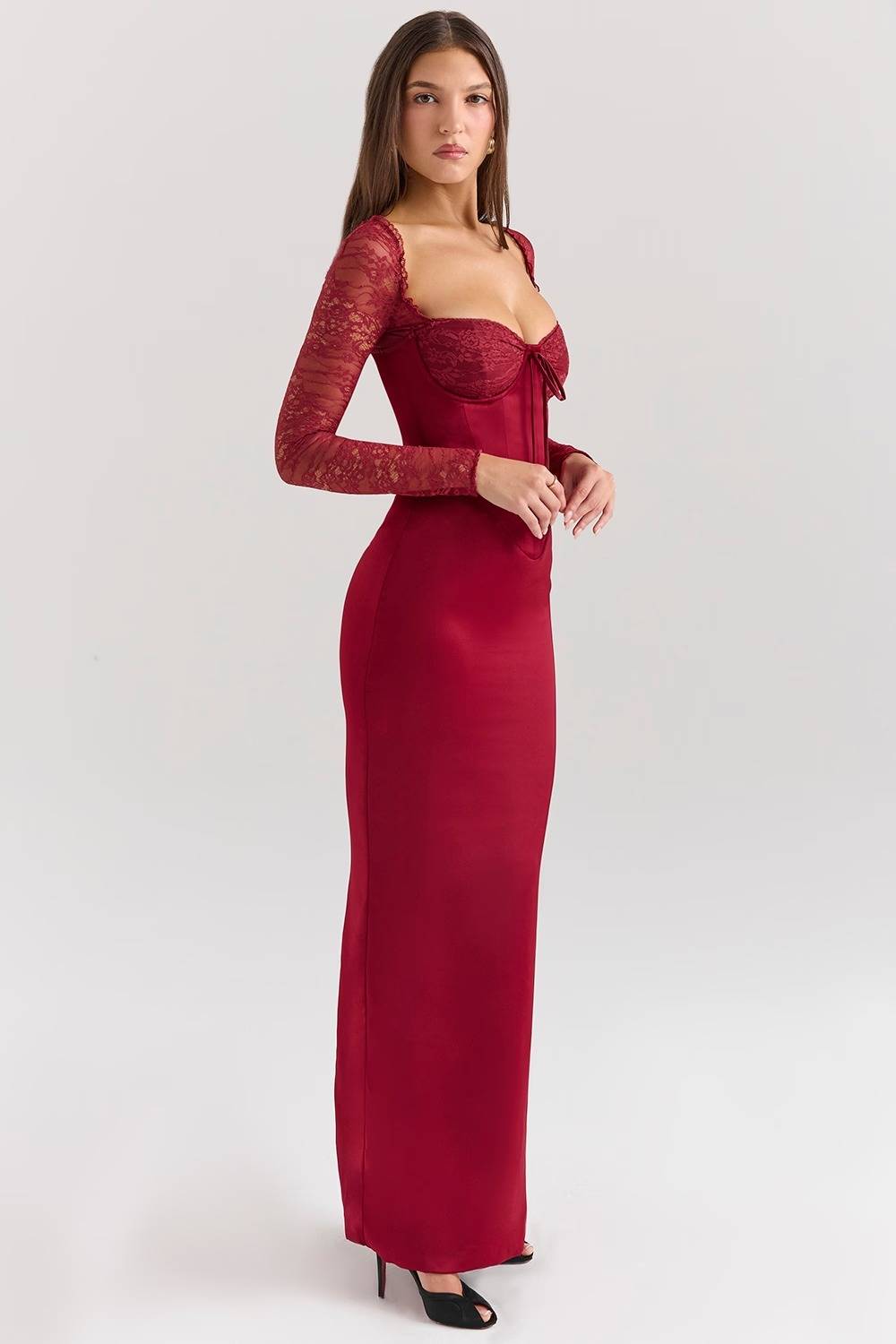 Berry Satin Maxi Dress With Corset  Gemma Chic