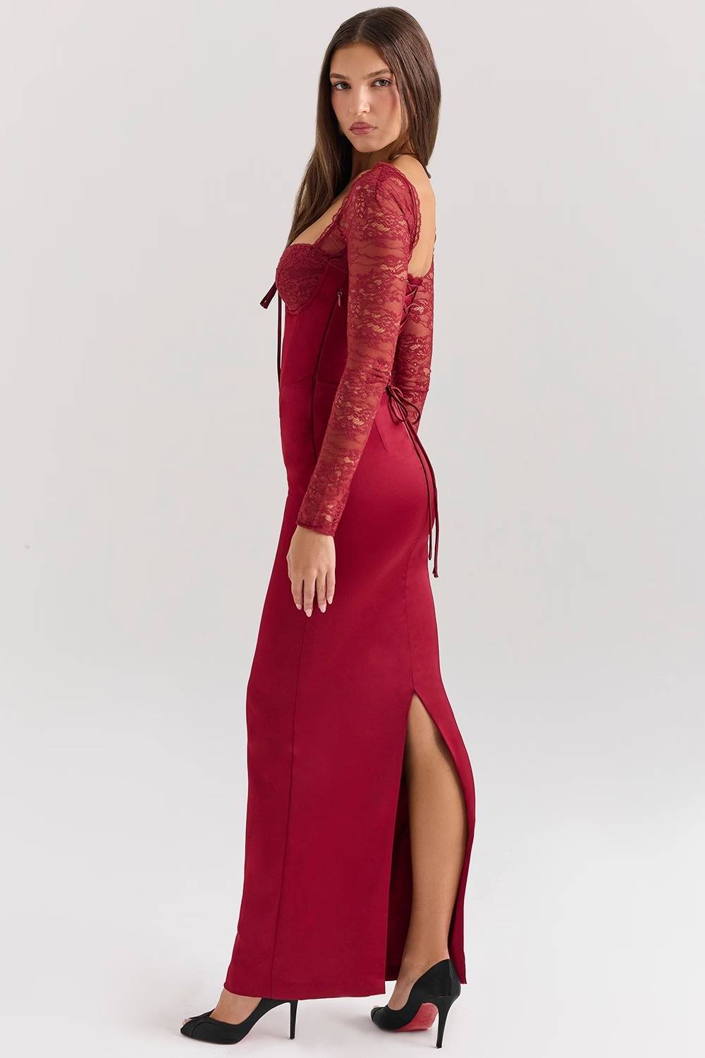 Berry Satin Maxi Dress With Corset  Gemma Chic