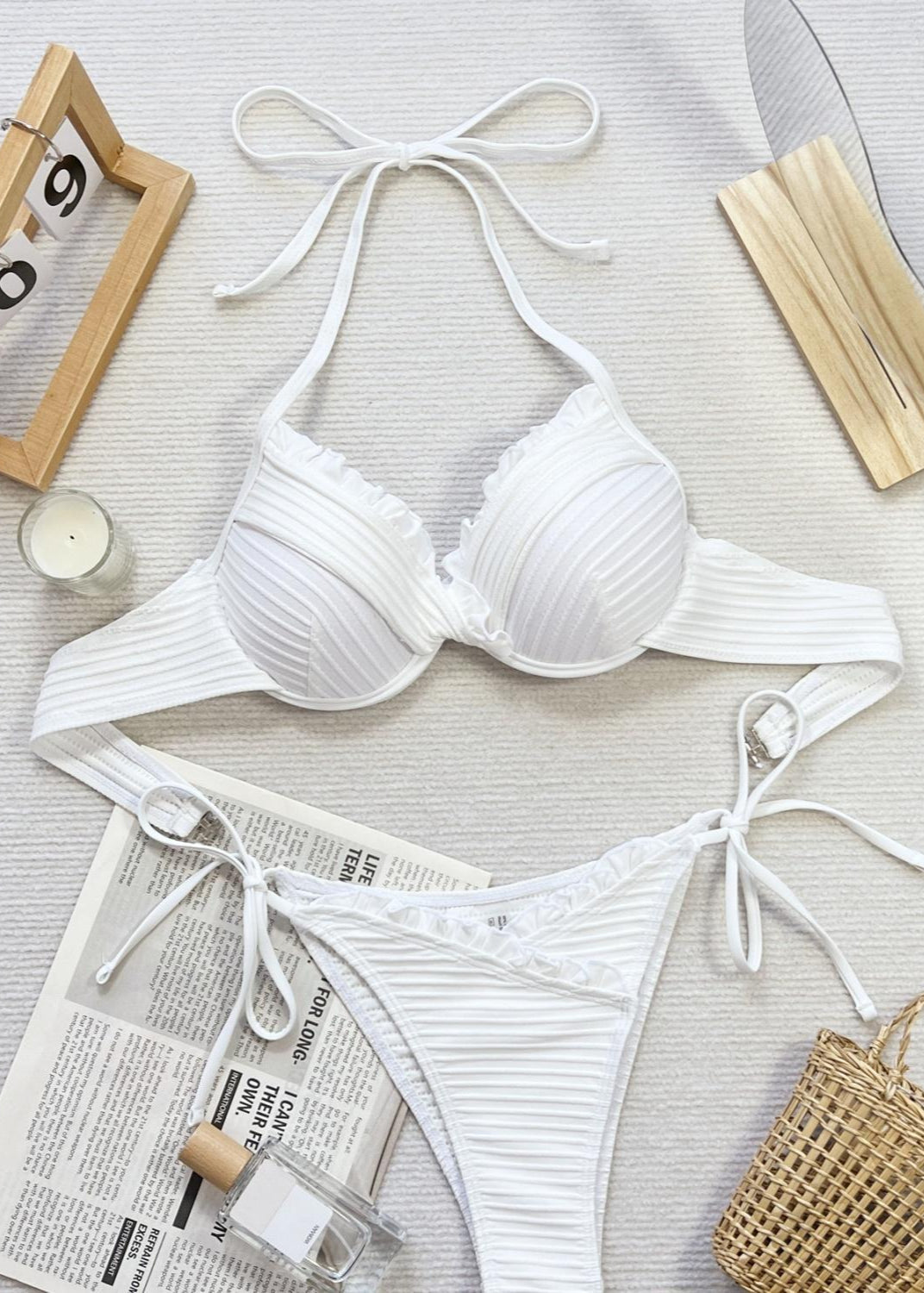 Ivory Ruffle Trim Bikini Set  GEMMACHIC