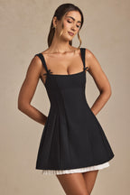 Bow-Detail Pleated A-Line Mini Dress in Black  Gemma Chic