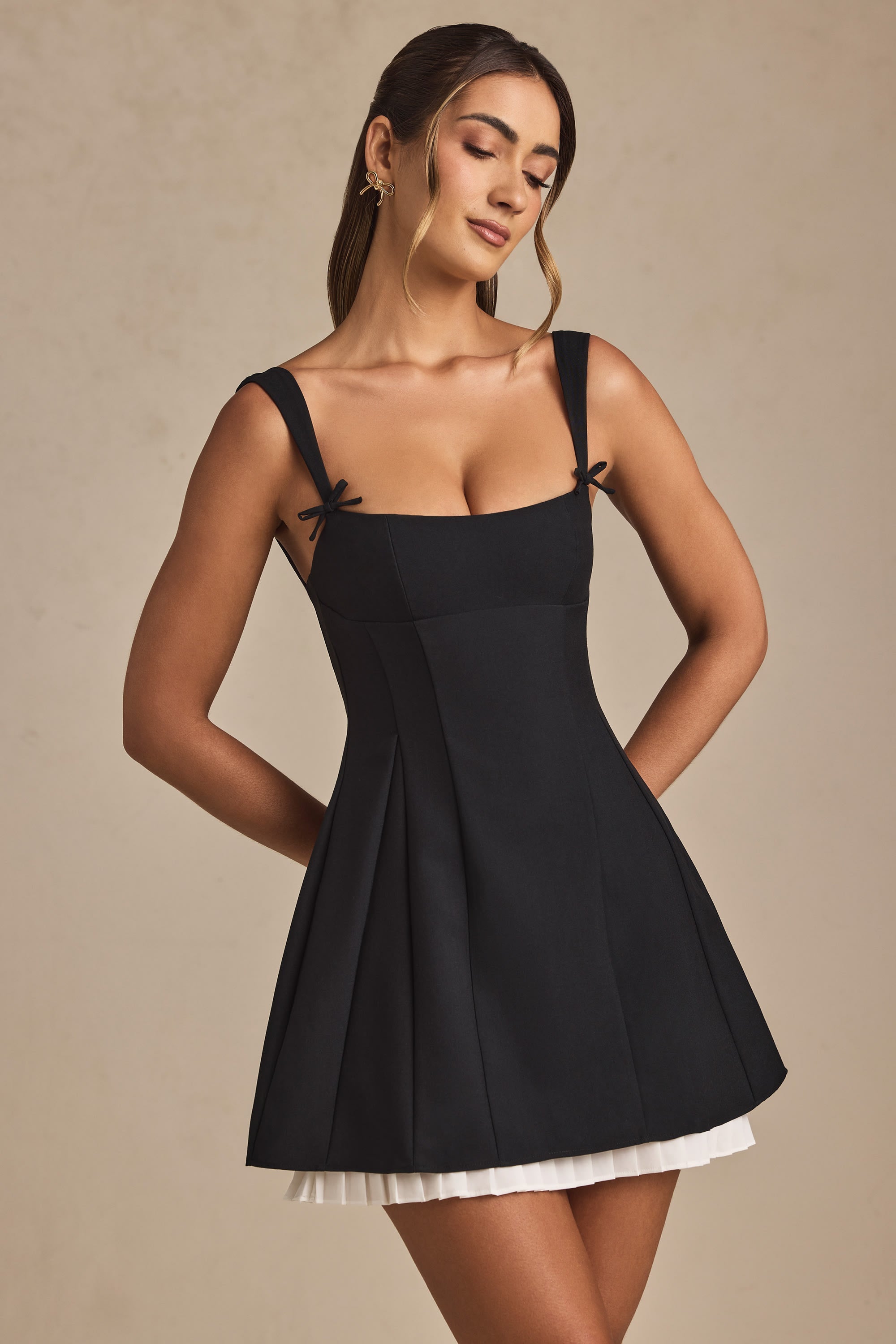 Bow-Detail Pleated A-Line Mini Dress in Black  Gemma Chic