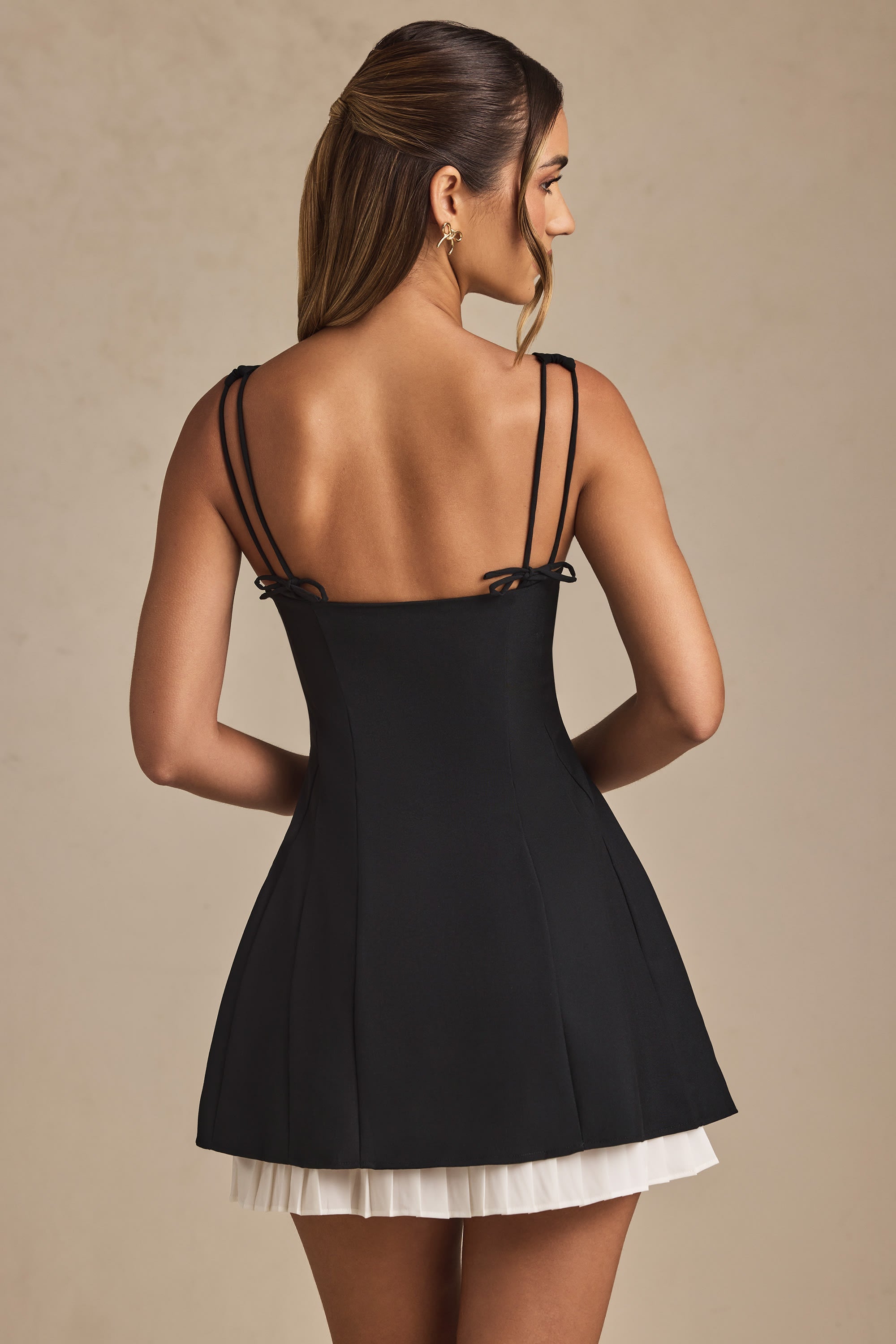 Bow-Detail Pleated A-Line Mini Dress in Black  Gemma Chic