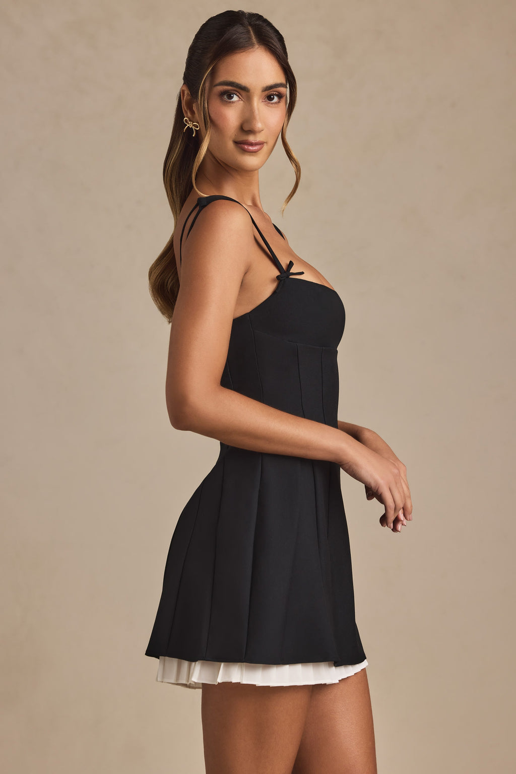 Bow-Detail Pleated A-Line Mini Dress in Black  Gemma Chic