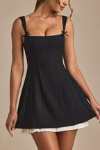 Bow-Detail Pleated A-Line Mini Dress in Black  Gemma Chic