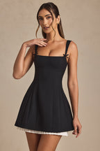 Bow-Detail Pleated A-Line Mini Dress in Black  Gemma Chic