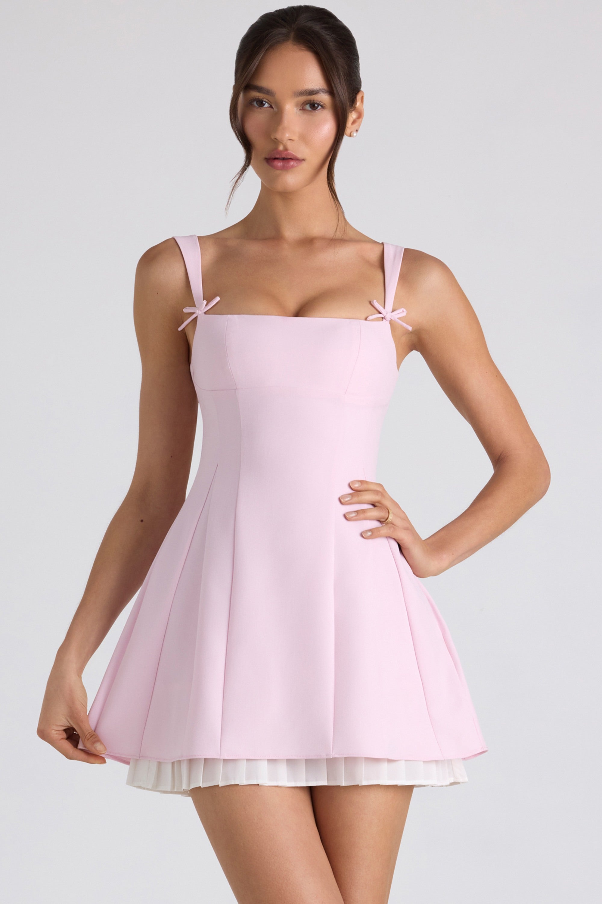 Bow-Detail Pleated A-Line Mini Dress in Soft Pink  Gemma Chic