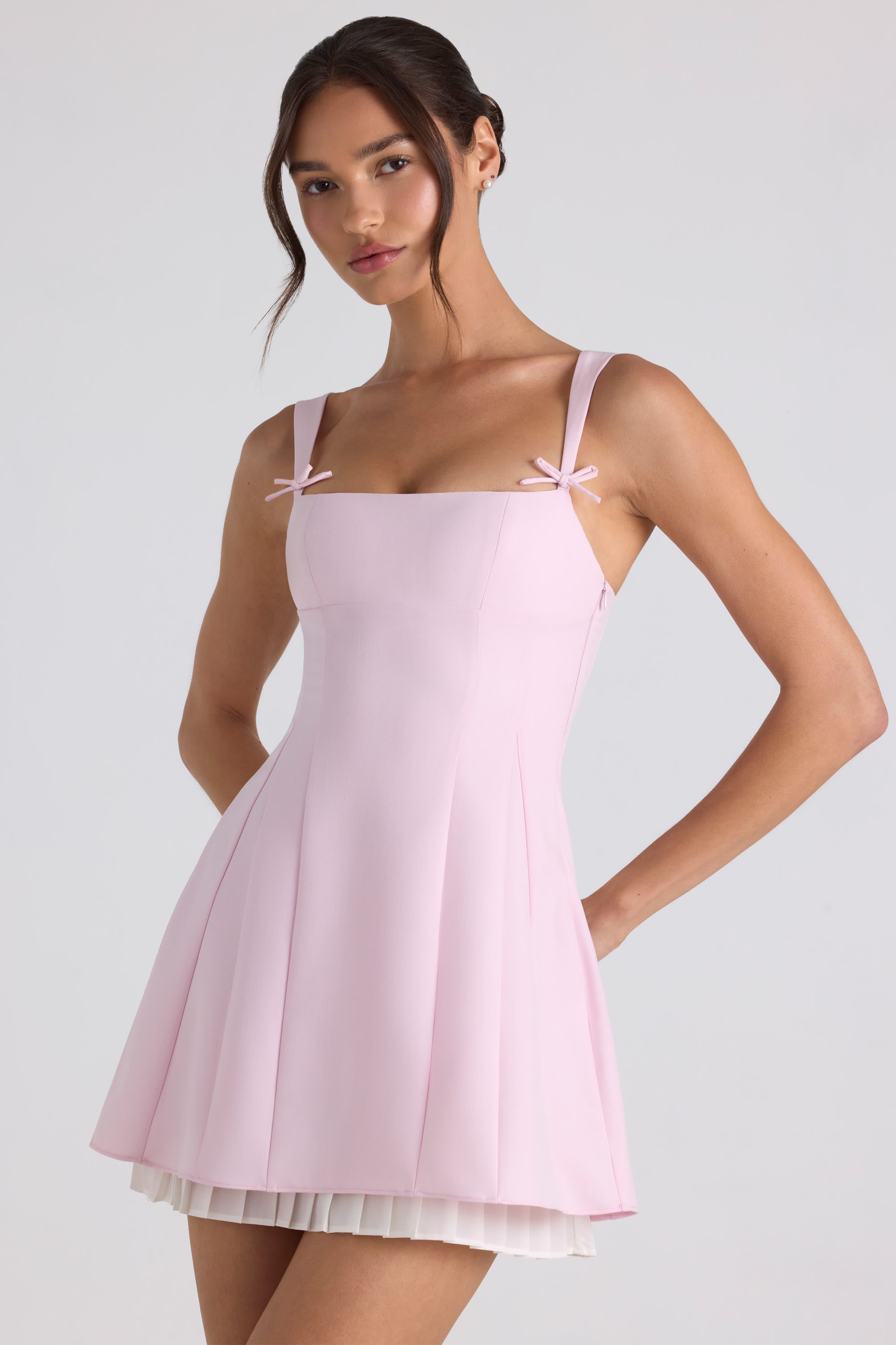 Bow-Detail Pleated A-Line Mini Dress in Soft Pink  Gemma Chic