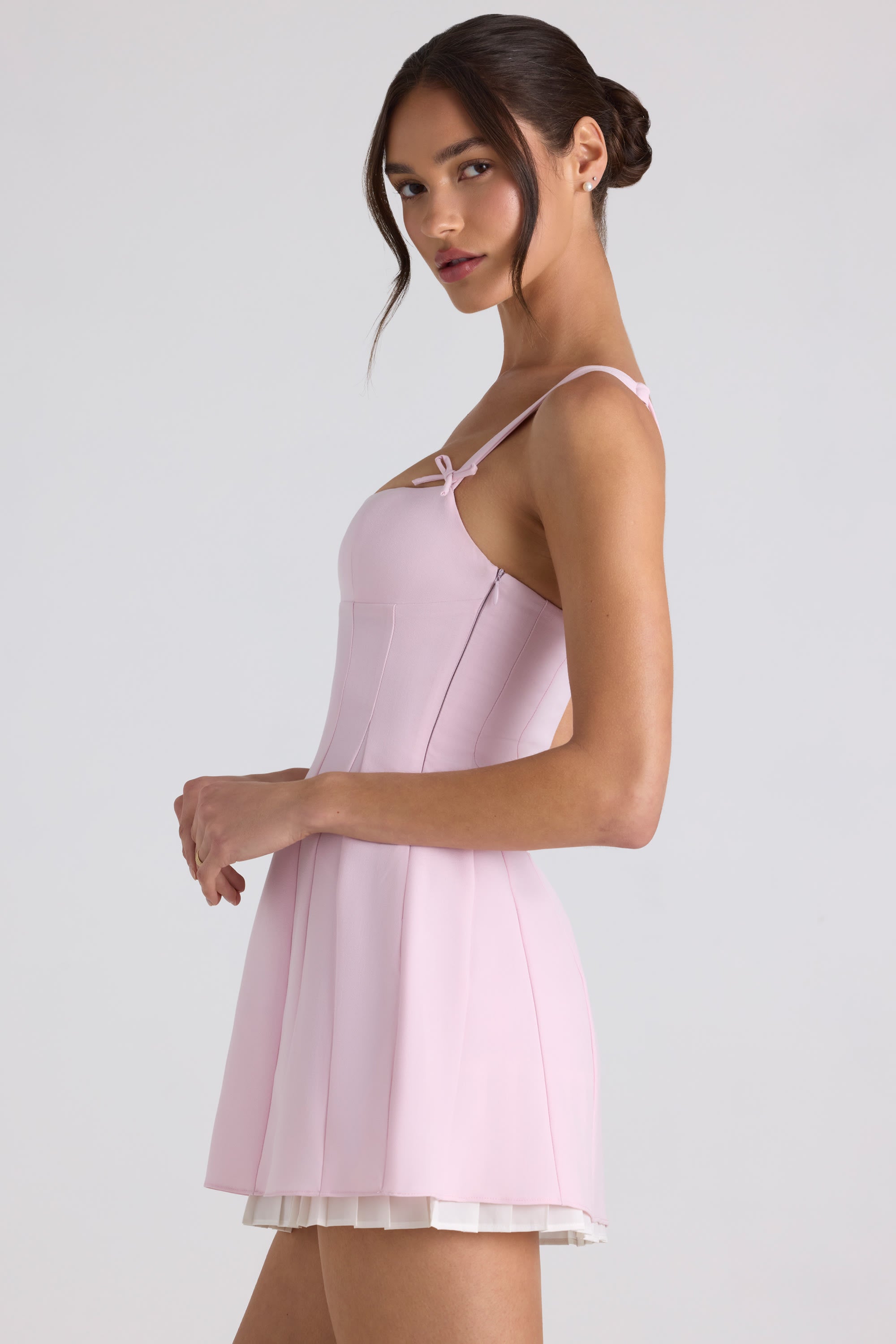 Bow-Detail Pleated A-Line Mini Dress in Soft Pink  Gemma Chic