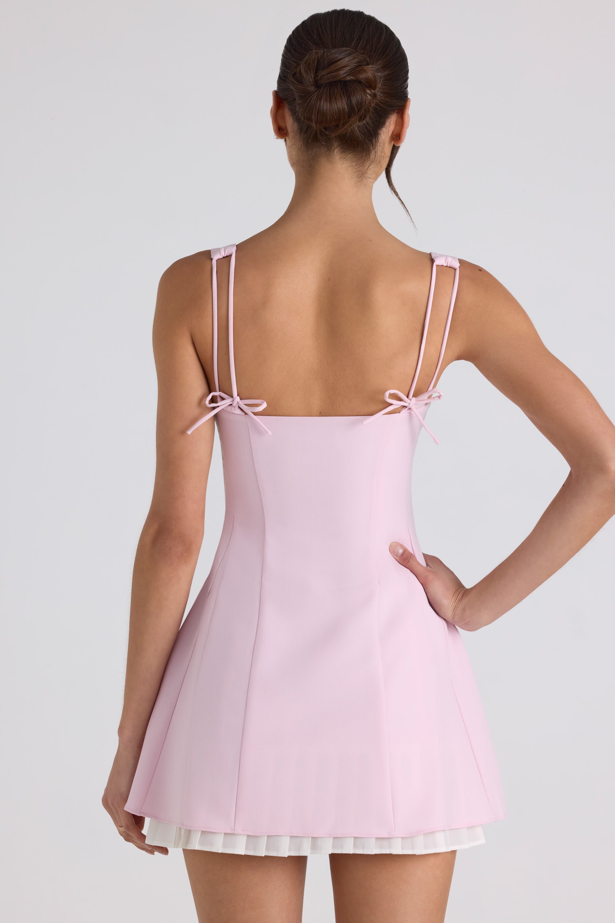 Bow-Detail Pleated A-Line Mini Dress in Soft Pink  Gemma Chic