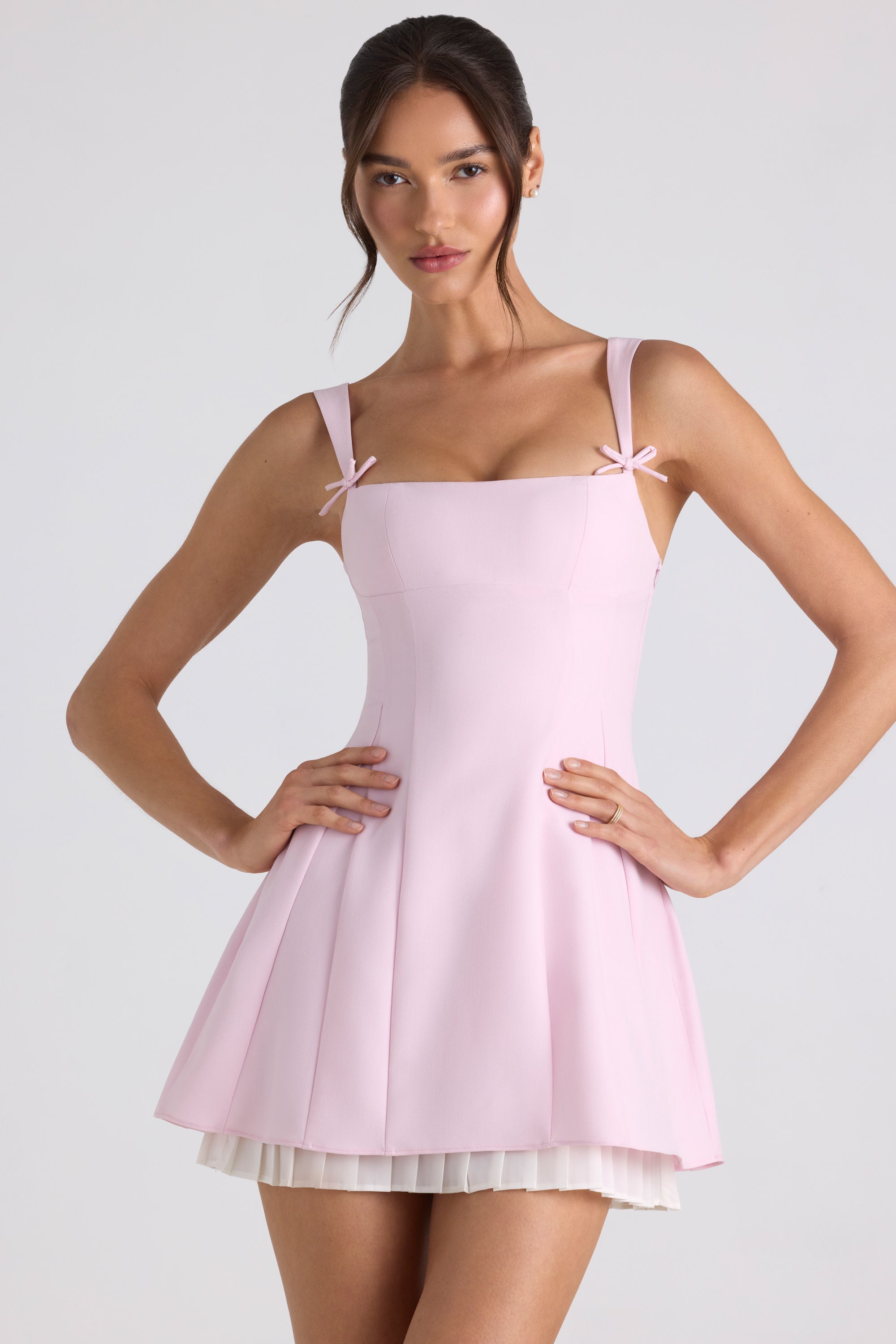 Bow-Detail Pleated A-Line Mini Dress in Soft Pink  Gemma Chic