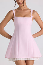 Bow-Detail Pleated A-Line Mini Dress in Soft Pink  Gemma Chic
