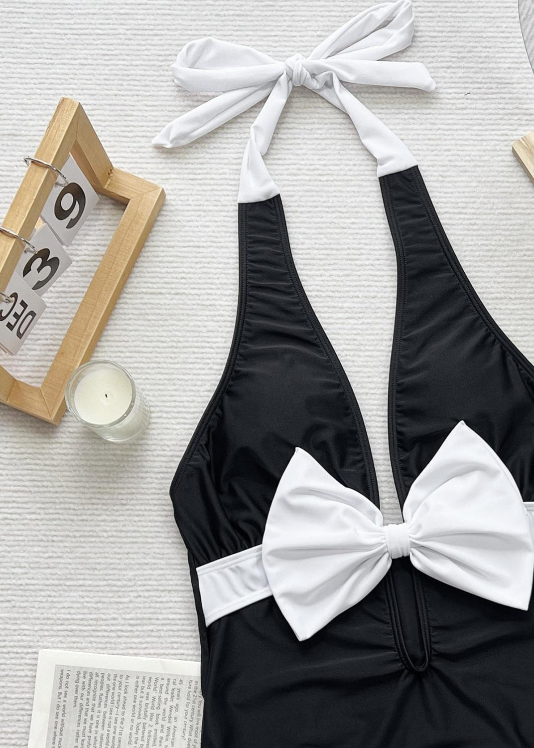 Monaco Bow - Halter Neck One Piece Swimsuit with White Front Tie  GEMMACHIC