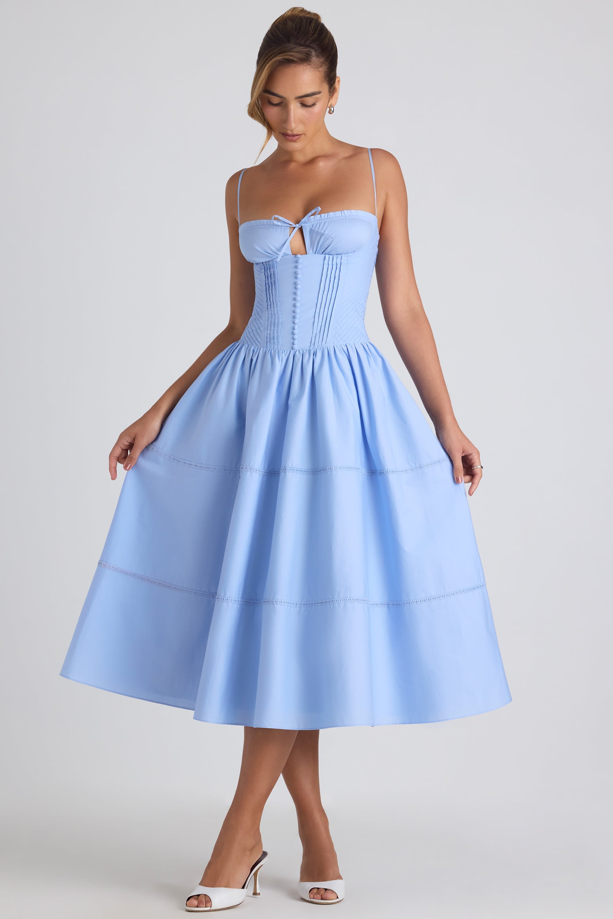 Lace-Trim Pintucked Poplin Midaxi Dress in Sky Blue  Gemma Chic