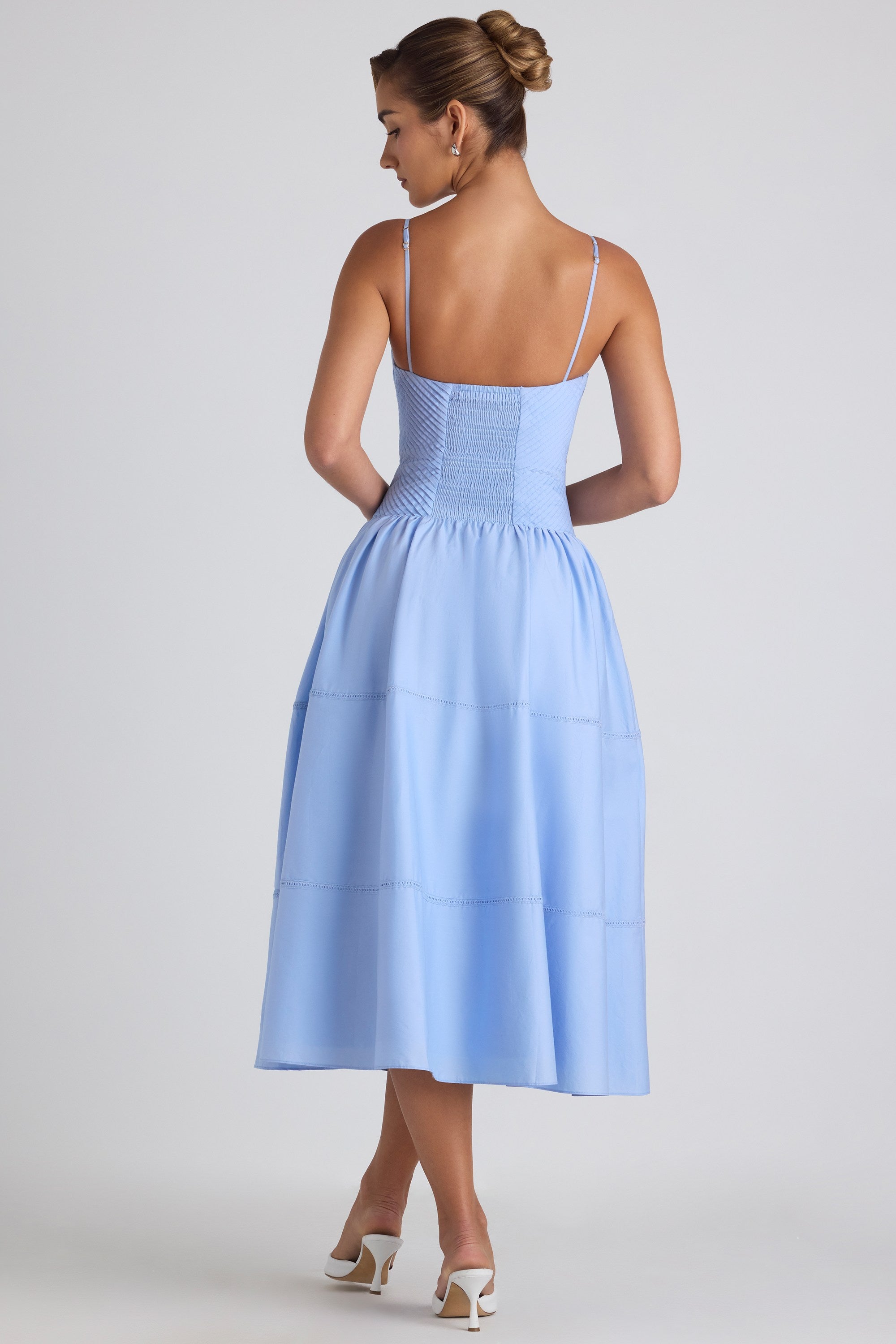 Lace-Trim Pintucked Poplin Midaxi Dress in Sky Blue  Gemma Chic