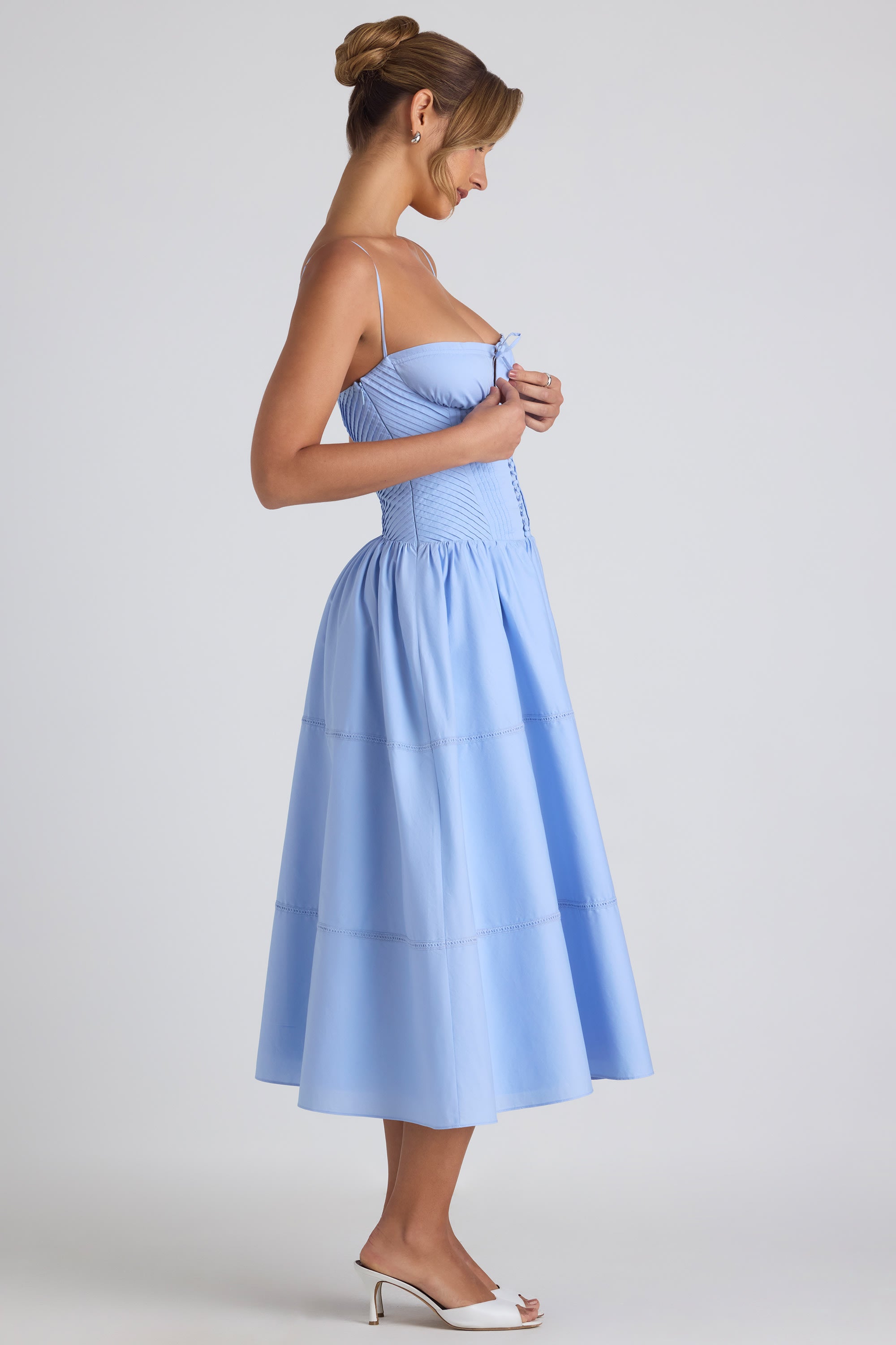 Lace-Trim Pintucked Poplin Midaxi Dress in Sky Blue  Gemma Chic
