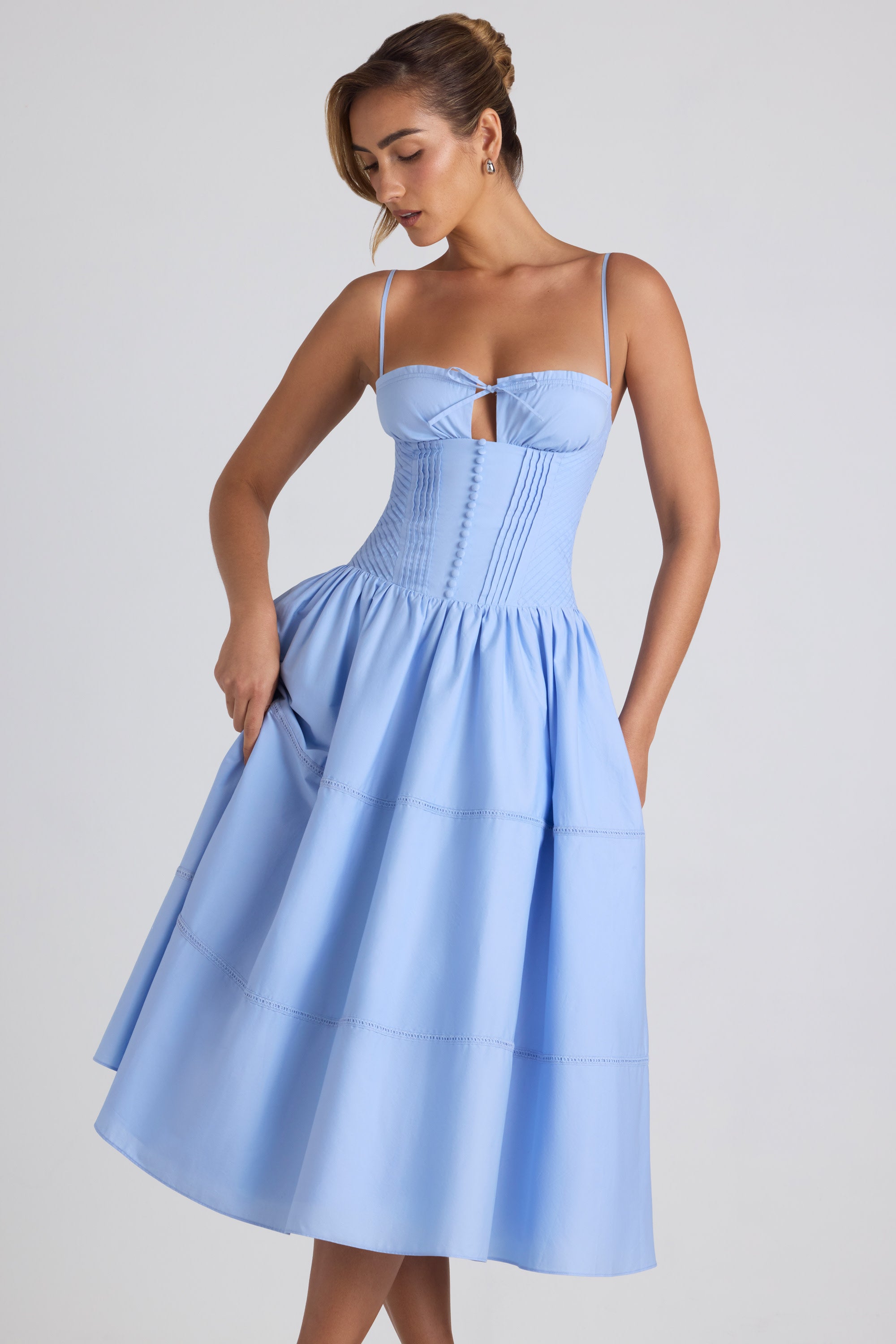 Lace-Trim Pintucked Poplin Midaxi Dress in Sky Blue  Gemma Chic