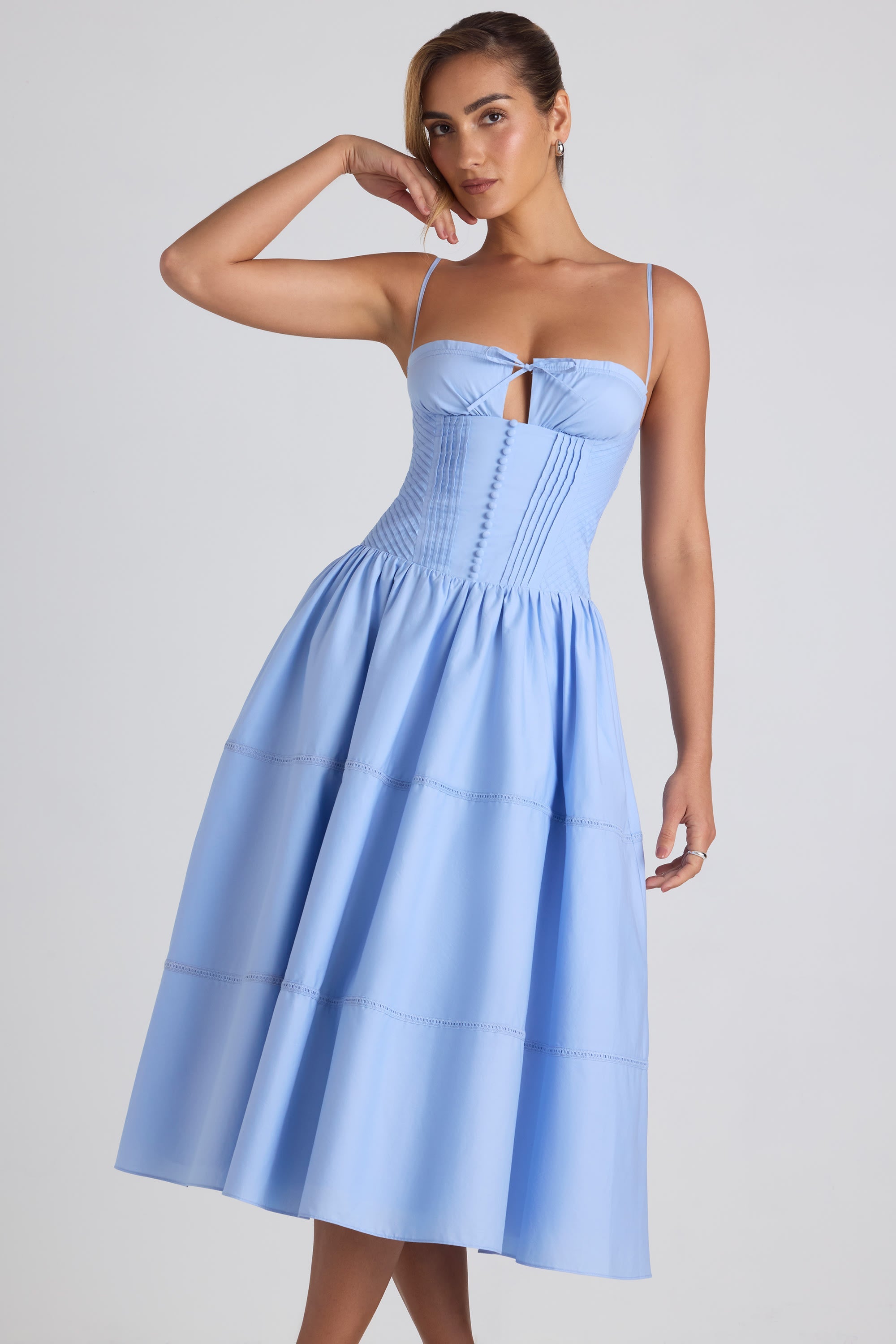 Lace-Trim Pintucked Poplin Midaxi Dress in Sky Blue  Gemma Chic