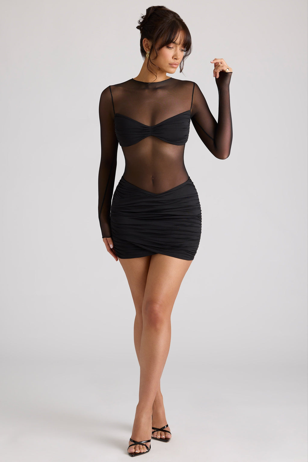 Sheer Panelled Long Sleeve Mini Dress in Black  Gemma Chic