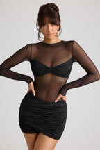 Sheer Panelled Long Sleeve Mini Dress in Black  Gemma Chic