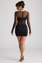 Sheer Panelled Long Sleeve Mini Dress in Black  Gemma Chic