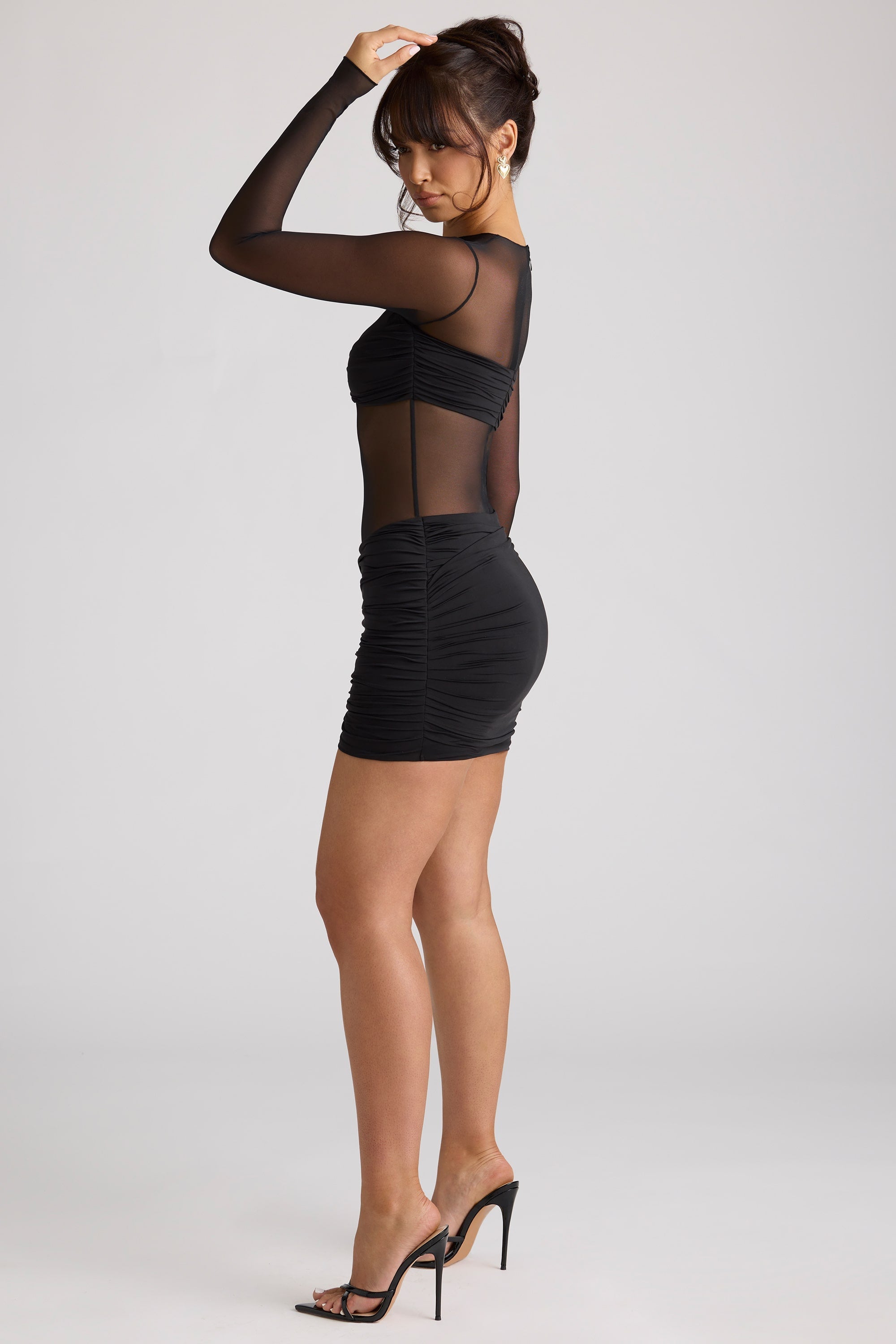 Sheer Panelled Long Sleeve Mini Dress in Black  Gemma Chic