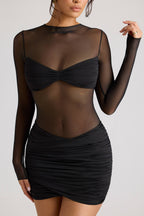 Sheer Panelled Long Sleeve Mini Dress in Black  Gemma Chic