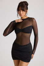 Sheer Panelled Long Sleeve Mini Dress in Black  Gemma Chic