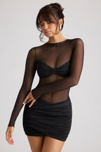 Sheer Panelled Long Sleeve Mini Dress in Black  Gemma Chic