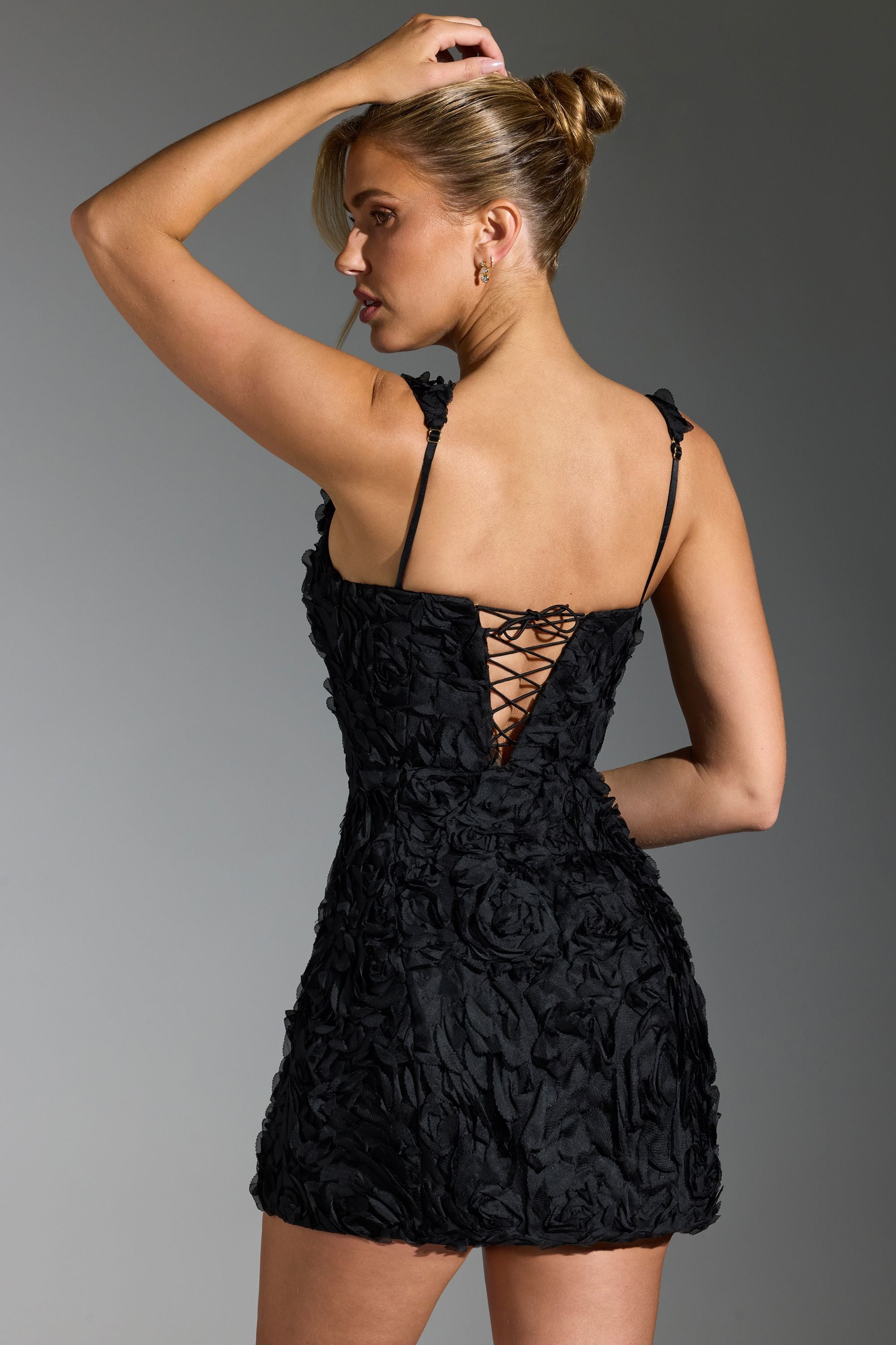 Floral-Appliqu¨¦ Corset Mini Dress in Black  Gemma Chic