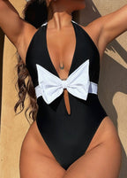 Monaco Bow - Halter Neck One Piece Swimsuit with White Front Tie  GEMMACHIC