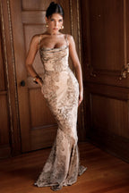 Gold Patterned Satin Maxi Dress - Limited Edition  Gemma Chic