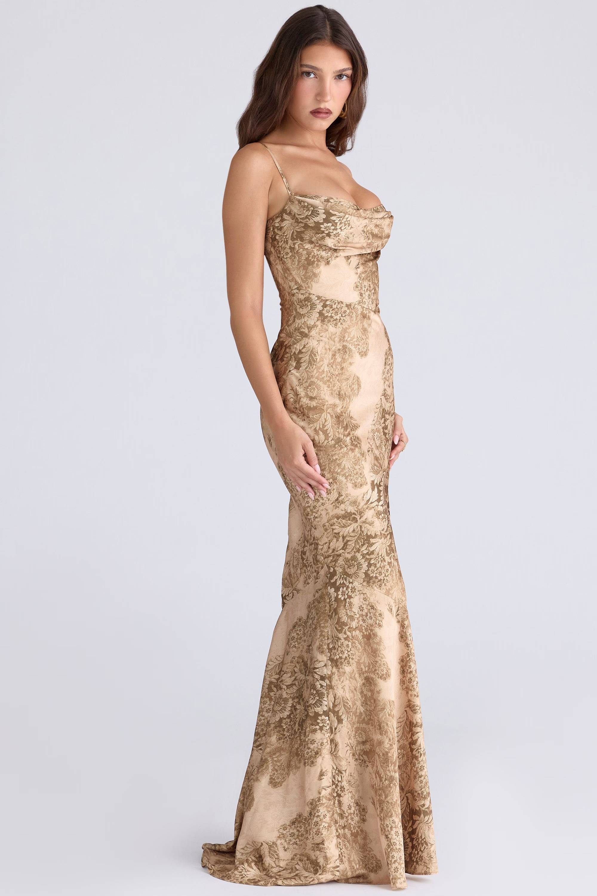 Gold Patterned Satin Maxi Dress - Limited Edition  Gemma Chic