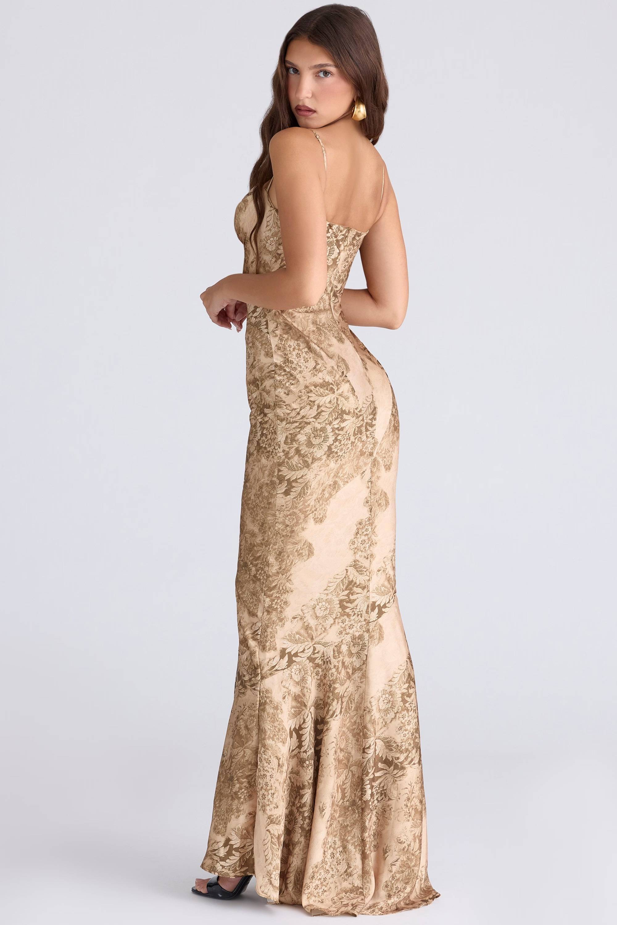Gold Patterned Satin Maxi Dress - Limited Edition  Gemma Chic