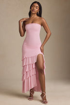 Bandeau Ruched Ruffle-Trim Maxi Dress in Blush