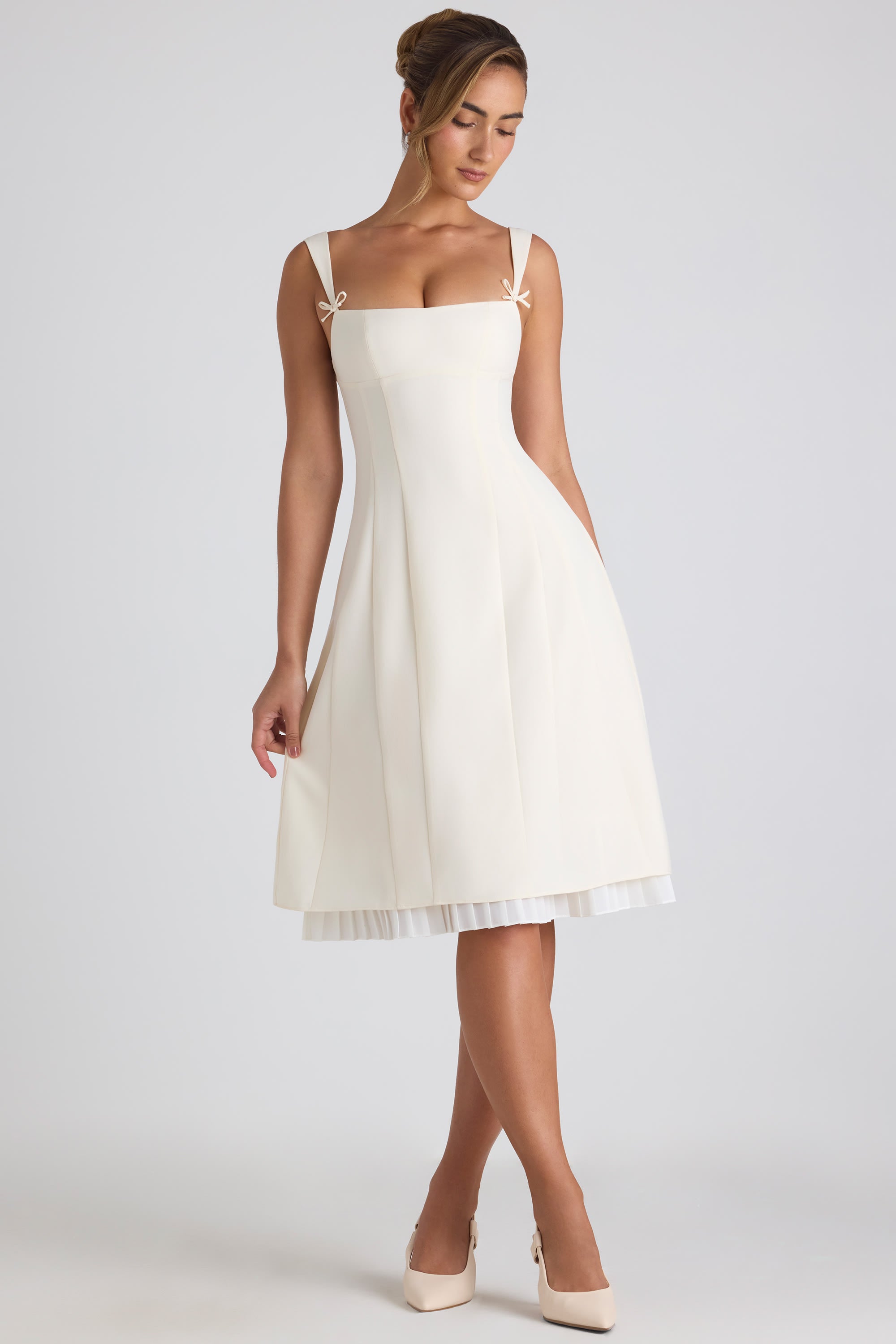 Bow-Detail Pleated A-Line Midi Dress in Ivory  Gemma Chic
