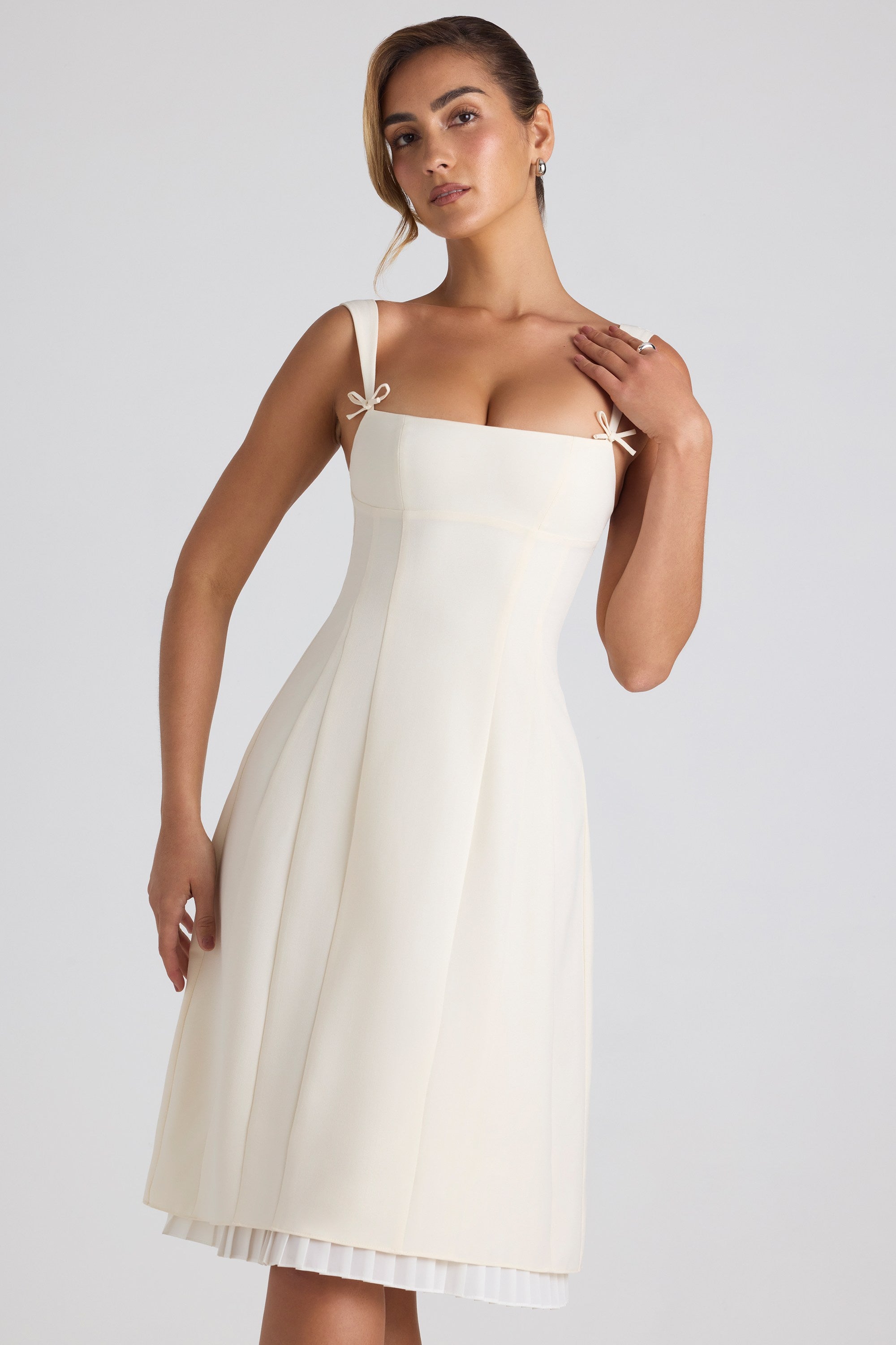 Bow-Detail Pleated A-Line Midi Dress in Ivory  Gemma Chic