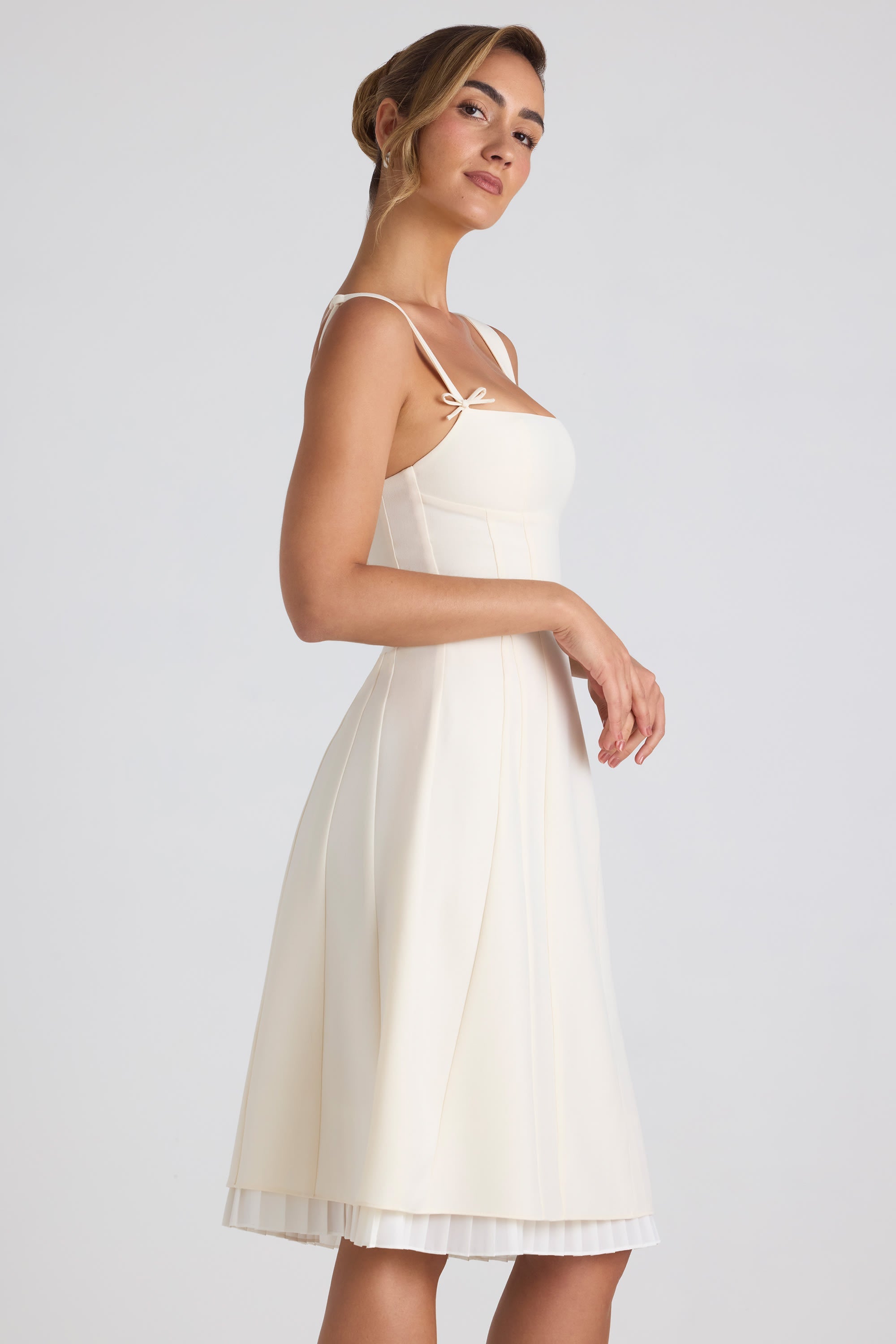 Bow-Detail Pleated A-Line Midi Dress in Ivory  Gemma Chic