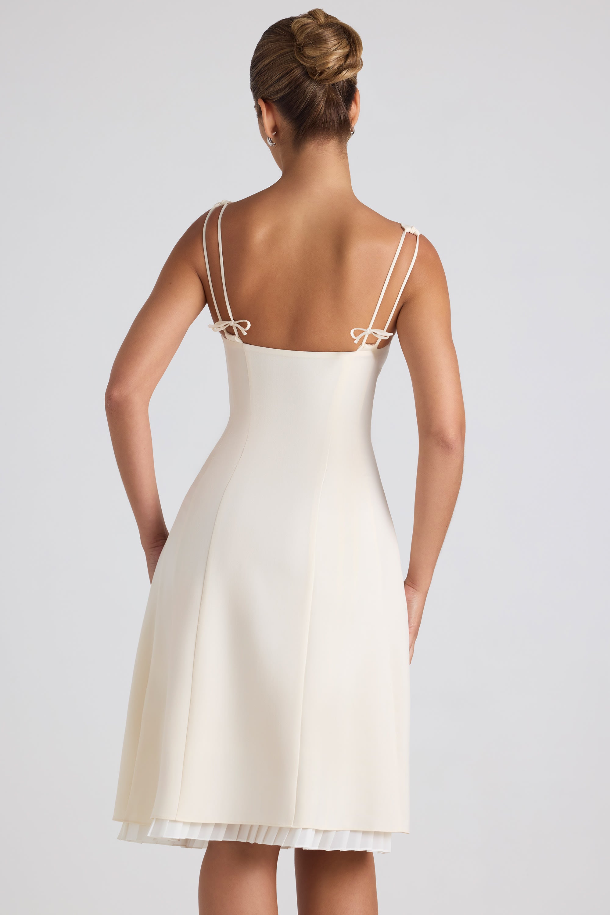 Bow-Detail Pleated A-Line Midi Dress in Ivory  Gemma Chic