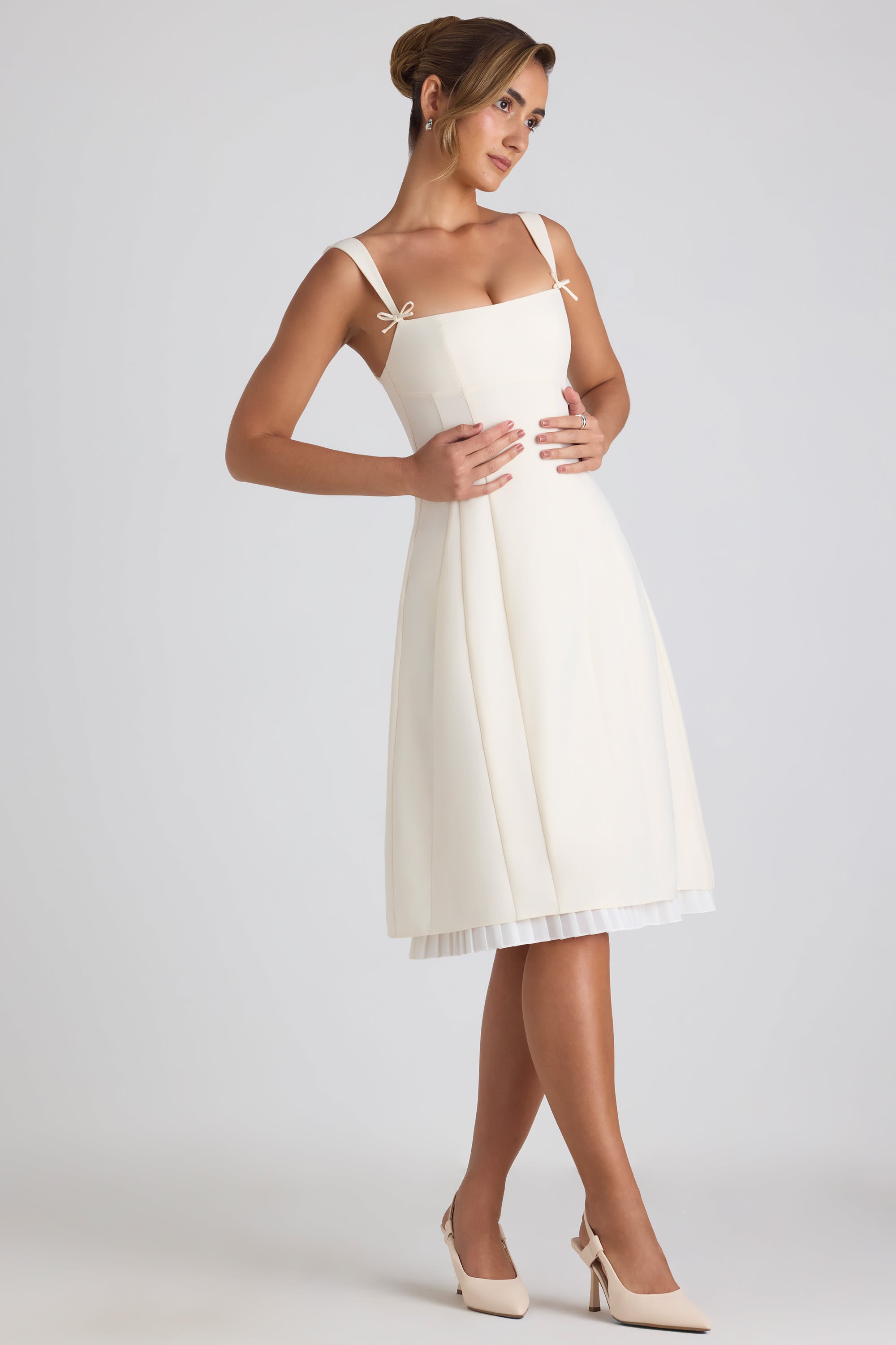 Bow-Detail Pleated A-Line Midi Dress in Ivory  Gemma Chic