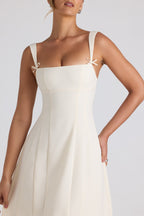 Bow-Detail Pleated A-Line Midi Dress in Ivory  Gemma Chic