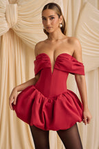 Off-Shoulder Layered Bubble Hem Corset Mini Dress in True Red  Gemma Chic