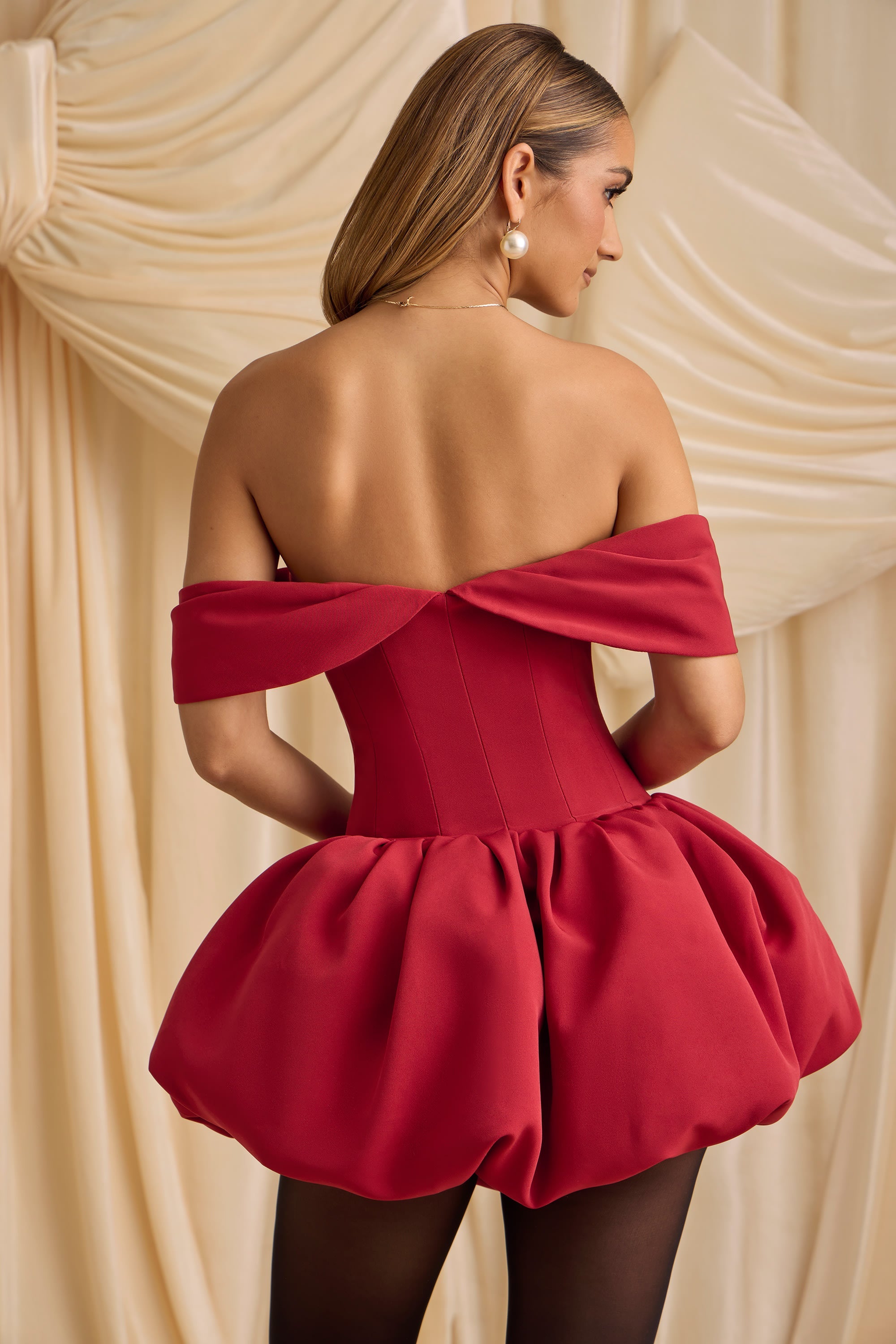 Off-Shoulder Layered Bubble Hem Corset Mini Dress in True Red  Gemma Chic