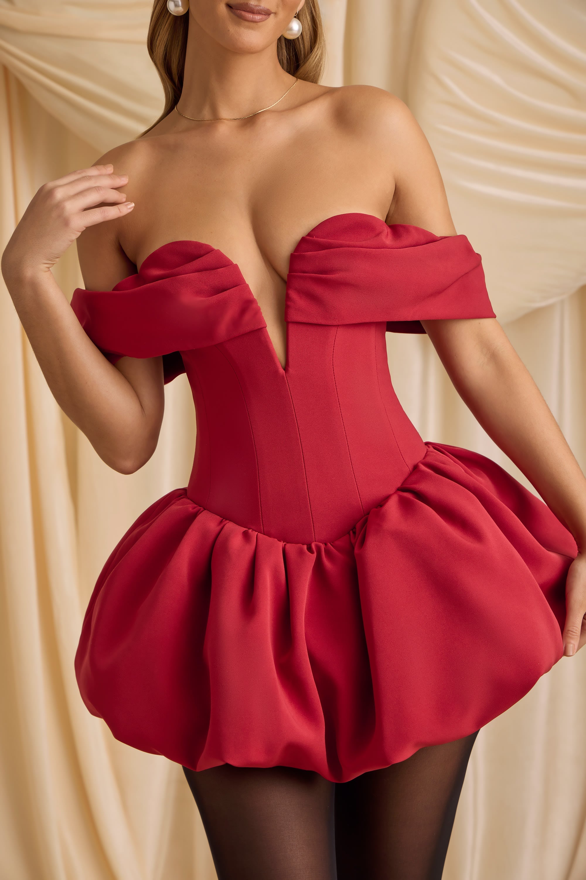Off-Shoulder Layered Bubble Hem Corset Mini Dress in True Red  Gemma Chic