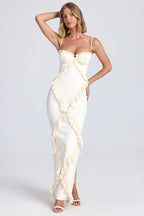 Pliss¨¦ Ruffle-Trim Maxi Dress in Ivory  Gemma Chic