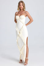 Pliss¨¦ Ruffle-Trim Maxi Dress in Ivory  Gemma Chic