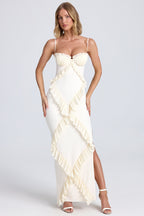 Pliss¨¦ Ruffle-Trim Maxi Dress in Ivory  Gemma Chic