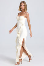 Pliss¨¦ Ruffle-Trim Maxi Dress in Ivory  Gemma Chic
