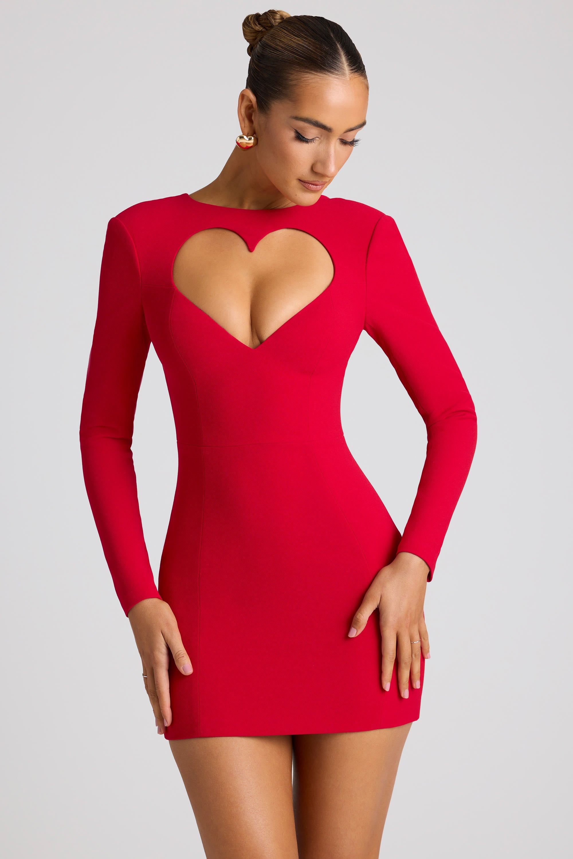 Heart Cut Out Long Sleeve Mini Dress in Fire Red  Gemma Chic