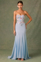 Embellished Corset Fishtail Gown in Floral Blue  Gemma Chic